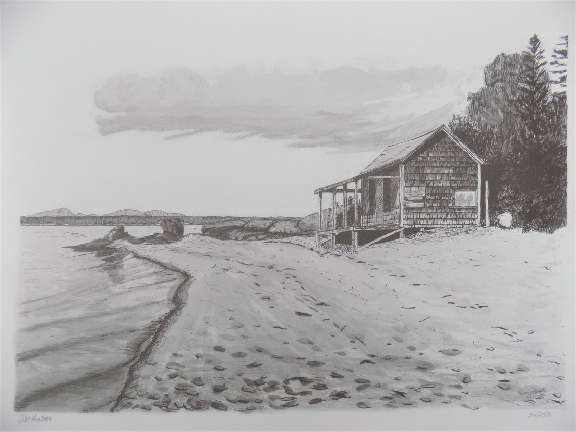 Beach Art Print, Pen and Ink Drawing of Beach House, Pen and Ink Print
