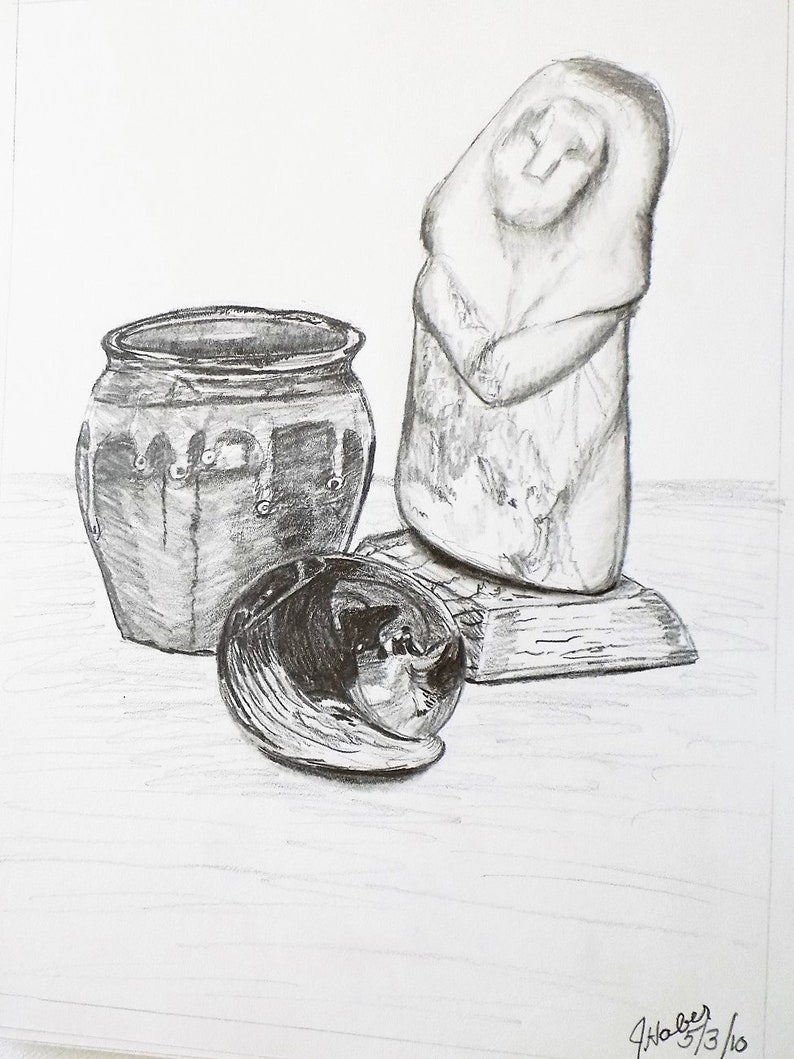 Nature morte, Dessin original au crayon, Léger dégât deau, Dessin au graphite, 9 x 12, Nature morte, OOAK image 1