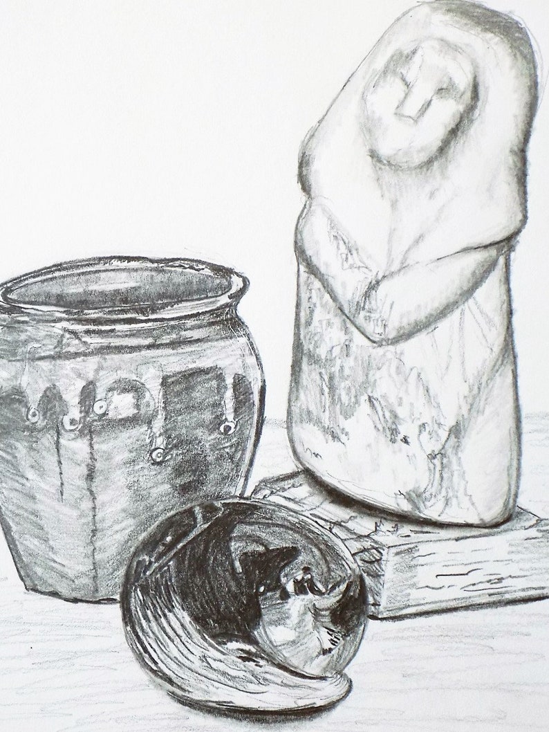 Nature morte, Dessin original au crayon, Léger dégât deau, Dessin au graphite, 9 x 12, Nature morte, OOAK image 3