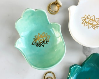 Hamsa Ringschale, Evil Eye Ring Teller - Ringhalter, Schmuckhalter, Ringteller aus Keramik, Verlobung, Geschenk für sie, Moderner Schlamm