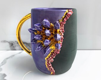 Crystal Mug in Amethyst, Geode Mug Modern Mud, Purple and Gold Mug, Handmade Ceramic Mug
