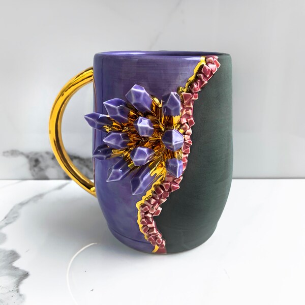 Crystal Mug in Amethyst, Geode Mug Modern Mud, Purple and Gold Mug, Handmade Ceramic Mug