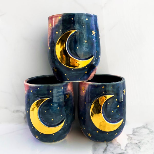 Lunar Galaxy Tumbler with 22k Gold Moon, Moon Mug, Galaxy Mug, Modern Mud, Naomi Singer