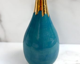 Tropfende Gold Flasche Vase in Petrol, Moderne Keramik, Porzellan Geschenk, Muttertag, Handgemachte Keramik