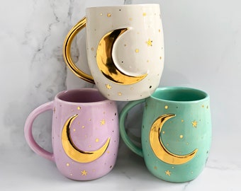 Pastel Lunar Mug with 22k Gold Moon, Moon Mug, Modern Mud, Celestial Mug, Porcelain Mug