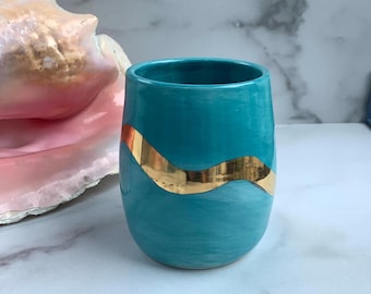 Goldene Welle Vase - Strand Wohnkultur Vase, Handgefertigte Porzellanvase, Aqua Keramik, Moderne Schlamm