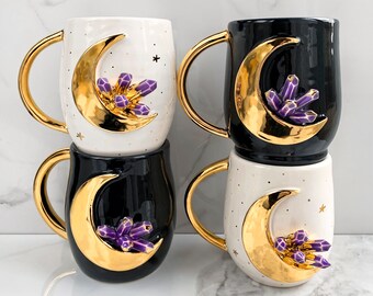 Crystal Mug, Lunar Crystal Mug in Amethyst or Aquamarine, Gold Moon Mug, Sailor Moon Mug, Ceramic Crystal Mug