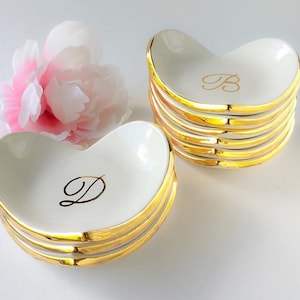 Monogrammed Ring Dish, Heart Ring Dish, Personalized White and Gold Ring Dish - Ceramic Ring Dish, Heart Ring Dish by Modern Mud