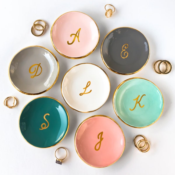 Gold Monogrammed Ring Dish, Personalized Ring Dish -  Ring Holder, Jewelry Holder, Ceramic Ring Dish, Engagement, Gift for Her, Modern Mud