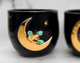 Aquamarin Kristall Übertopf mit 22k Goldmond, Mond Übertopf, Mondkeramik, moderner Schlamm