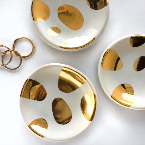 White and Gold Ring Dish - "Golden Pebbles" Ceramic Ring Dish, Party Favor, Tea Light Holder, Jewelry Dish, Bridesmaid Wedding Favors