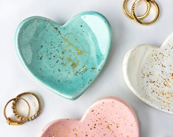 Mini Heart Gold Splatter Ring Dish - Jewelry Dish, Jewelry Holder, Bridesmaid Gifts, Wedding Favors, Modern Pottery