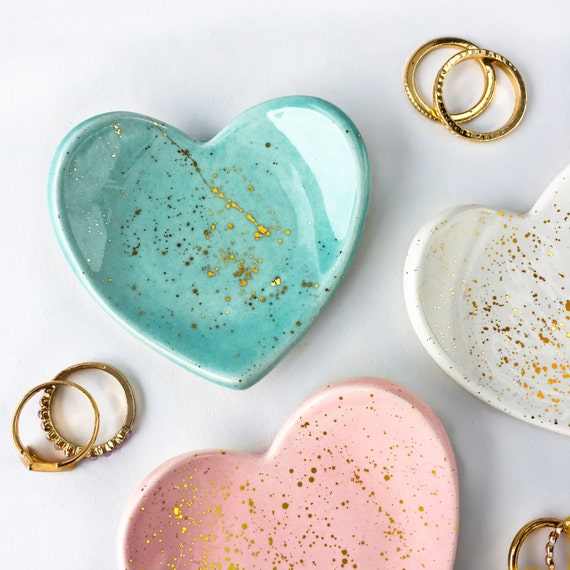 4" Heart Ring Dish with Gold Splatter - Jewelry Dish, Jewelry Holder, Bridesmaid Gifts, Wedding Favors, Ceramic Ring Dish by Modern Mud