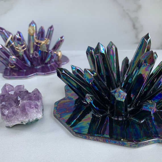 Black Aura Crystal Ring Holder - Modern Mud Ring Holder, Ceramic Crystal Ring Holder