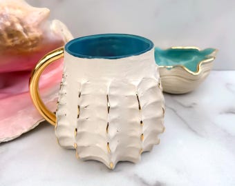 Unter dem Meer Tasse mit 22k Gold Akzenten - Handgemachte Strand Dekoration, Aqua Porzellan Keramik