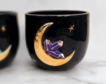 Amethyst Lila Kristall Lunar Pflanzer mit 22k Goldmond, Mond Pflanzer, Mondkeramik, Moderner Schlamm