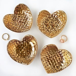 Hammered Gold Heart Ceramic Ring Dish, Jewelry Holder, Wedding Gift, Valentine&#39;s Day, Anniversary, Bridesmaid, Engagement, Mother&#39;s Day