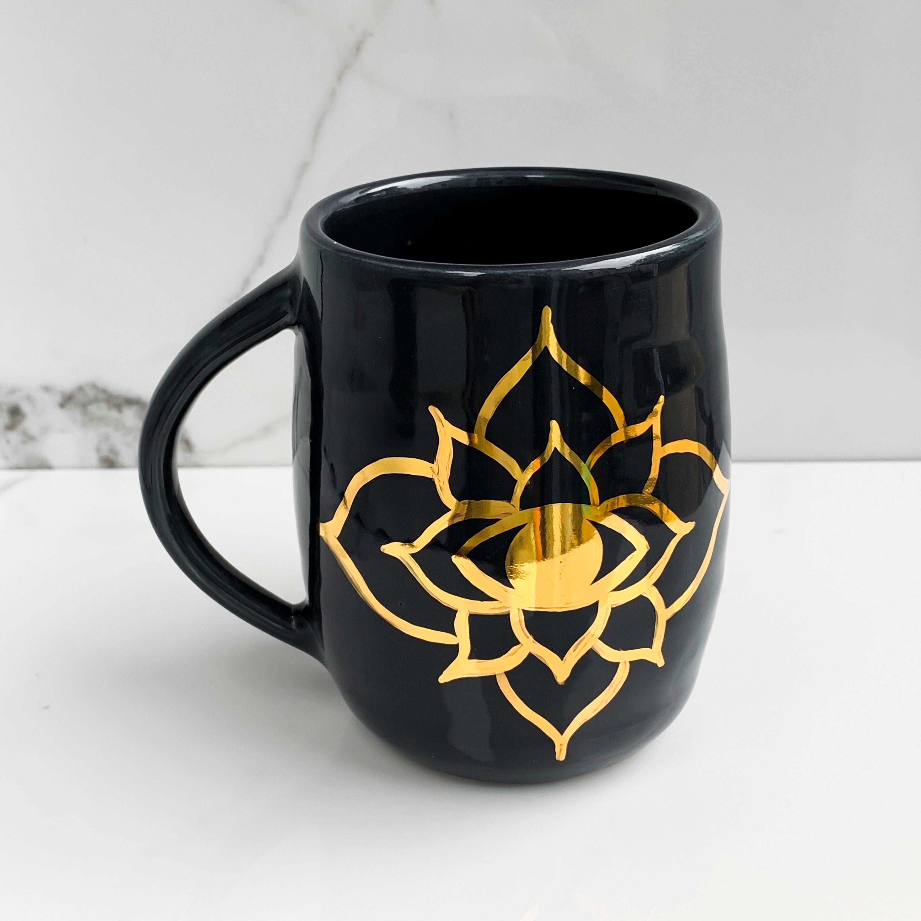 Evil Eye Lotus Mug in Black and 22k Gold, Evil Eye Mug, Lotus Mug, Gold Ceramic Mug by ModernMud