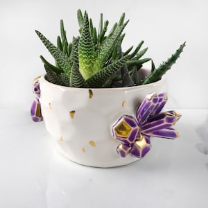 May include: A white ceramic planter with a textured surface, adorned with gold flecks and purple crystal-shaped embellishments. The planter holds a variety of green succulents. A decorative and unique piece for home decor.