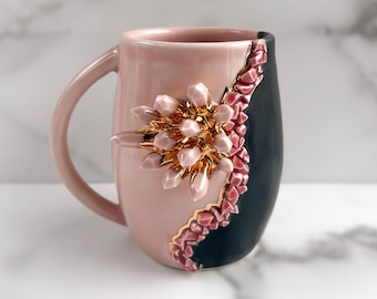 Kristallbecher in Rosenquarz, Rosa und Gold Geode Becher, moderner Schlamm, handgemacht