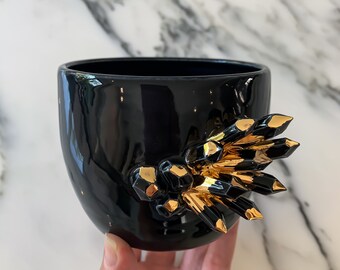 Black and Gold Crystal Planter by Modern Mud, Black Quartz Crystal
