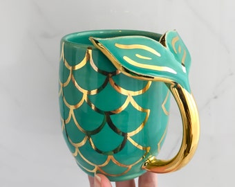Handmade Mermaid Mug with 22k gold scales by Modern Mud, Mermaid Tail Mug