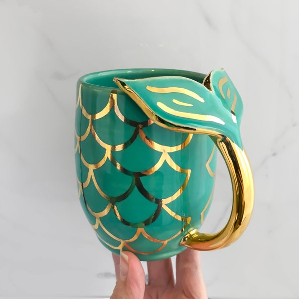 Handmade Mermaid Mug with 22k gold scales by Modern Mud, Mermaid Tail Mug