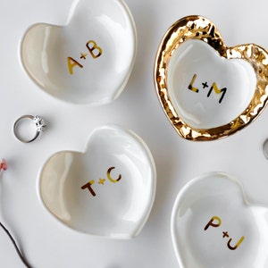White and Gold Monogrammed Jewelry Dish, Heart Ceramic Ring Dish - Valentine's Day, Ring Holder, Anniversary, Engagement Gift, Modern Mud