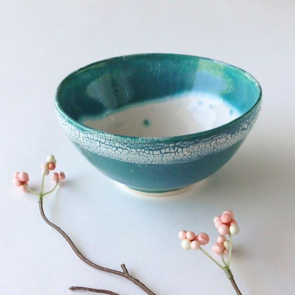 Crackle Teal and White Ceramic Bowl - Modern Ceramic White Bowl, Home Decor, Wedding Decor, Wedding gift