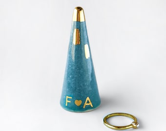 Personalized Ring Cone - Teal and Gold Ceramic Ring Cone, Valentine's Day, Anniversary Gift, Engagement Gift