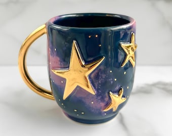 Sternenklare Nacht Galaxy Tasse mit 22k Gold Griff und Sternen, Weltraum Geschenk, handgemacht