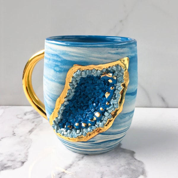 Geode Mug in Sapphire with Marbled Porcelain, Crystal Mug, Modern Mud Mug