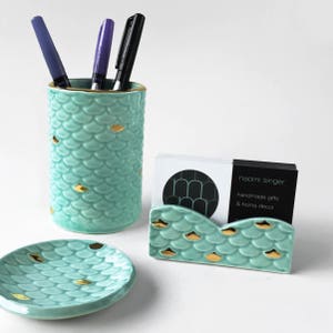 Porte-cartes de visite sirène, porte-crayons, ensemble de bureau - cadeau sirène, bureau moderne, poterie sirène, accessoires de bureau sirène