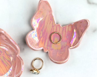 Aura Butterfly Ring Dish, Iridescent Ceramic Pink Jewelry Dish, Modern Mud Jewelry Holder
