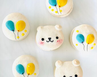 Bear and Balloon Macarons - blue and yellow balloons