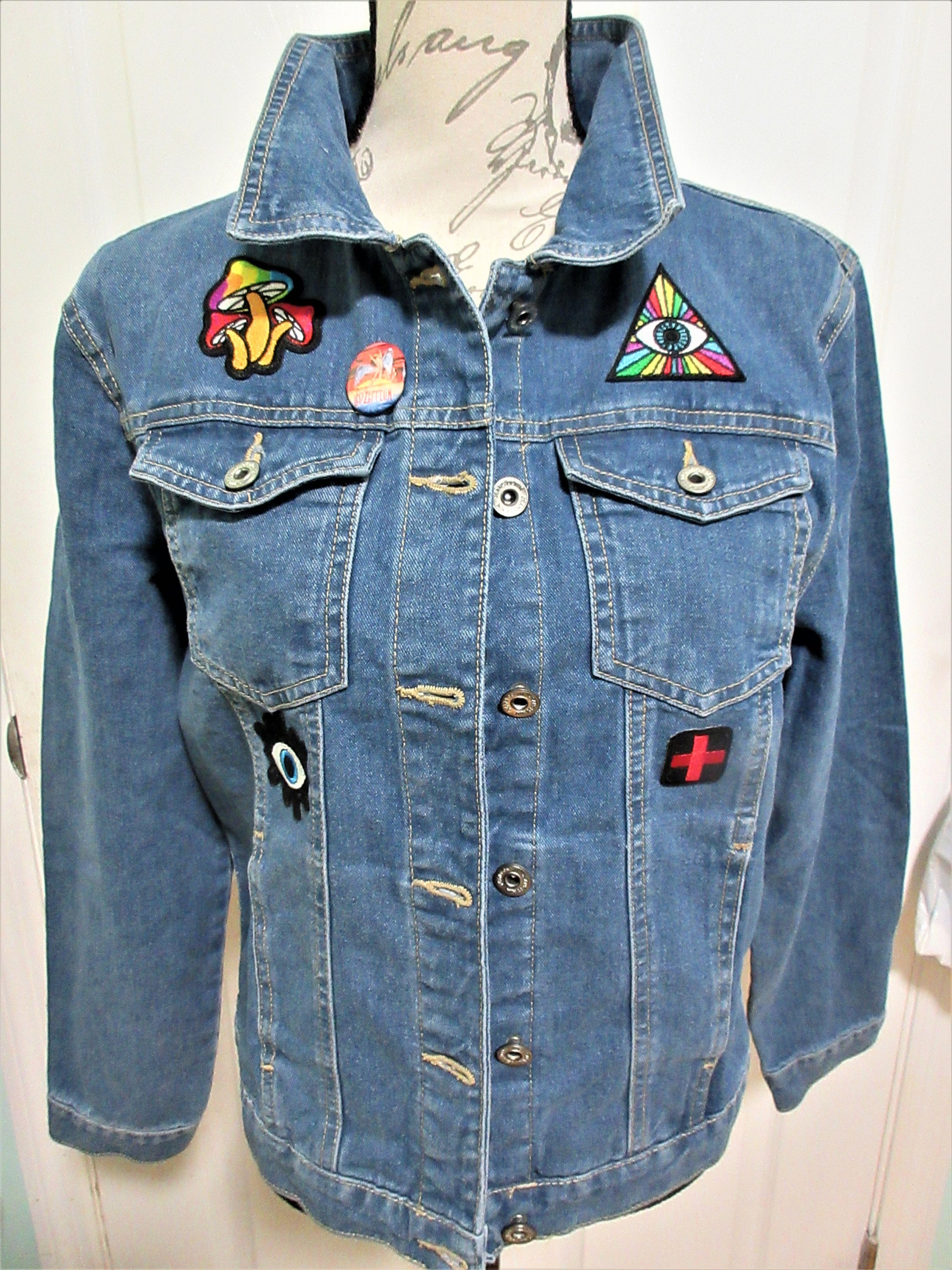 CUSTOM Denim Jacket W/embroidered Patches Eye Rainbow Etsy