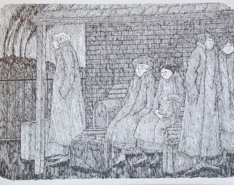 May include: A black and white drawing of five people standing in a line. The people are wearing long coats and hats. The drawing is done in a simple style and has a vintage feel.