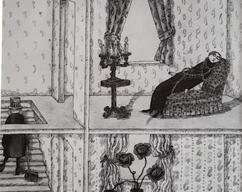 GOTHIC Home Decor, GOREY Vintage Print  Edward Gorey, Goreyana. Line Drawing 2007 Mounted Ready to Frame