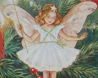 Christmas Tree Flower Fairy Vintage Print  CICELY MARY BARKER Flower Fairies Nostalgic Original Print Mounted Ready to Frame.