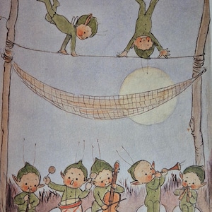 May include: A whimsical illustration of green fairies playing music. Two fairies are upside down on a rope, while five fairies are seated on mushrooms playing instruments. The fairies are wearing green outfits with leaf-shaped hats. The illustration is set against a light blue background with a white moon.