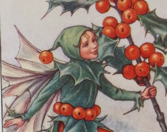 Flower Fairy Vintage 1930s Print Holly Christmas CICELY MARY BARKER Flower Fairies Original Print Mounted Ready to Frame.