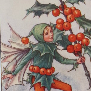 Flower Fairy Vintage 1930s Print Holly Christmas CICELY MARY BARKER Flower Fairies Original Print Mounted Ready to Frame.