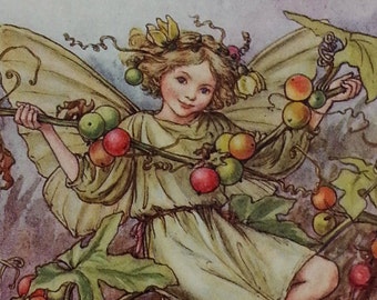 Flower Fairy Mounted  Vintage Print 1930s White Bryony CICELY MARY BARKER Autumn Flower Fairies Original Print Mounted Ready to Frame