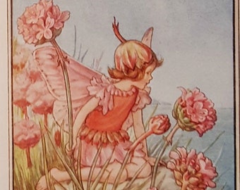 Flower Fairies Mounted T for Thrift Alphabet Flower Fairy  CICELY MARY BARKER Nostalgic Vintage Original Print Ready to Frame.