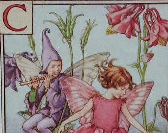 Flower Fairies Mounted C Columbine Alphabet Flower Fairy  CICELY MARY BARKER Nostalgic Vintage Original Print Ready to Frame.