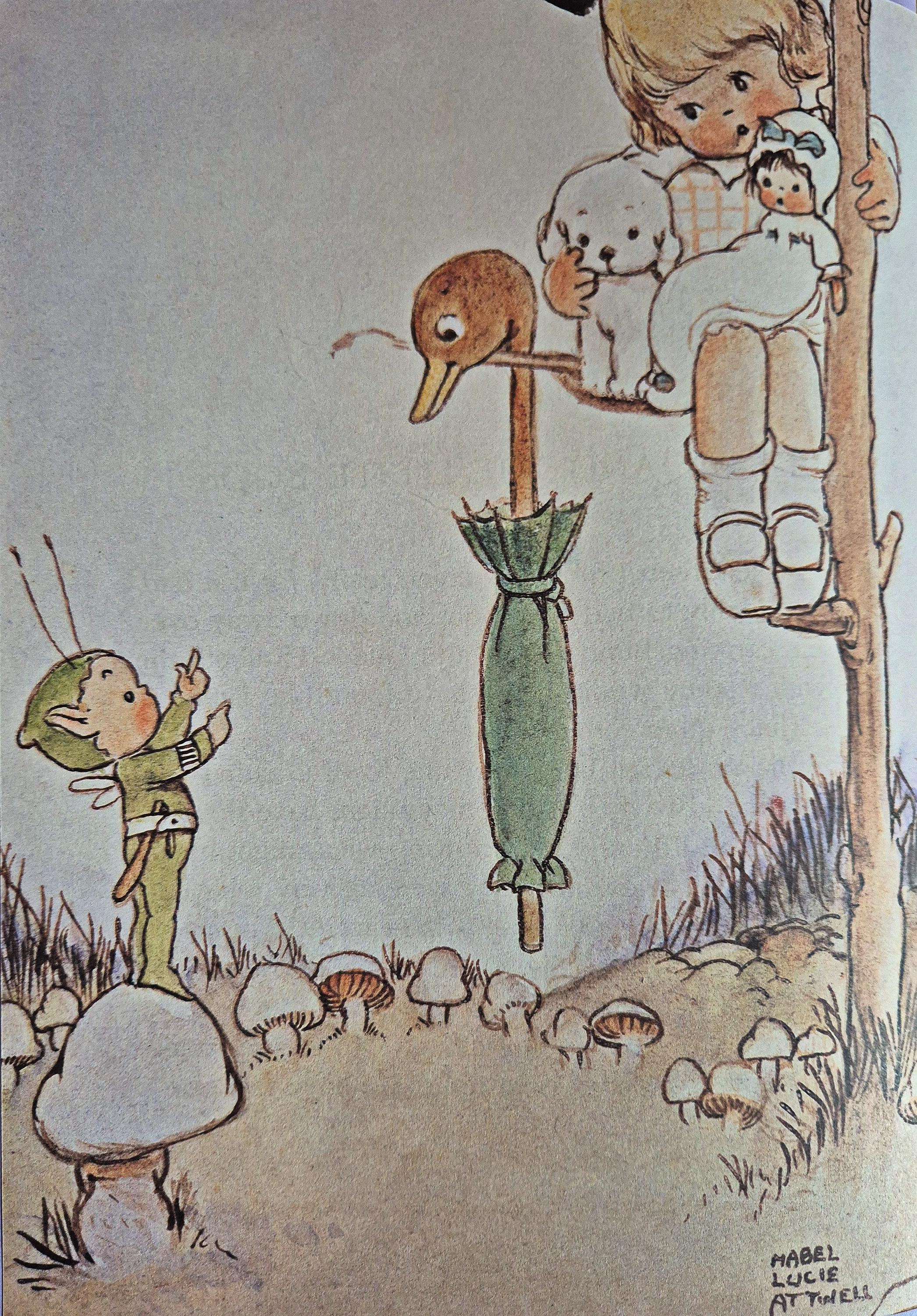 Mabel Lucie Attwell 'bunty and the Green Umbrella' UNMOUNTED