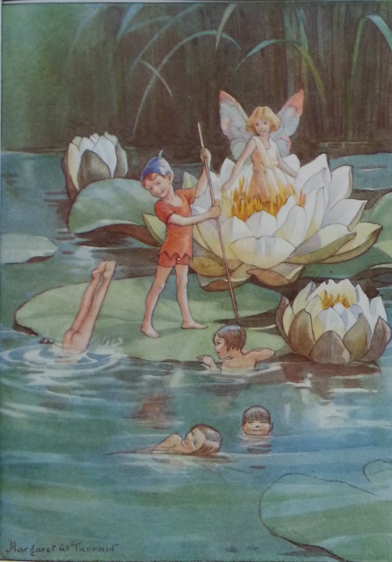 RARE  Margaret Tarrant  Vintage Fairy Print Water Lilies image 1