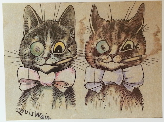 Louis Wain Cat Print Mounted Art 1983 Vintage Original Print Ready to Frame  Afternoon Tea at Home