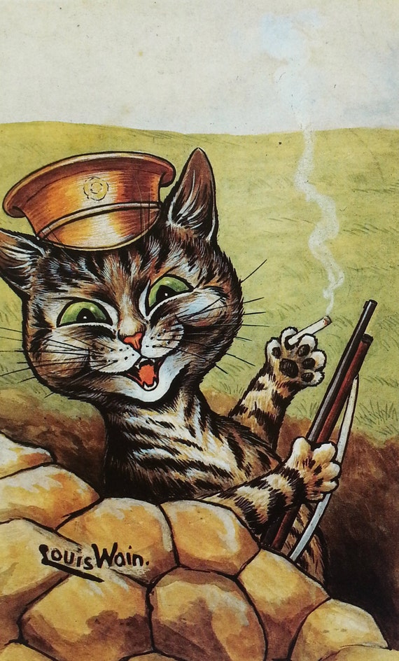 Louis Wain Cat Print Mounted Art 1983 Vintage Original Print Ready to Frame  Entrenched Soldier Cat