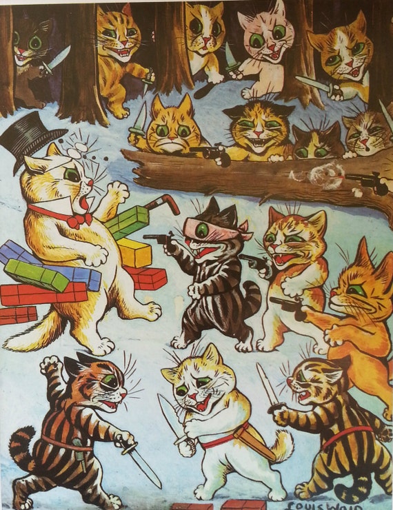 Louis Wain Cat Print Mounted Art 1983 Vintage Original Print 